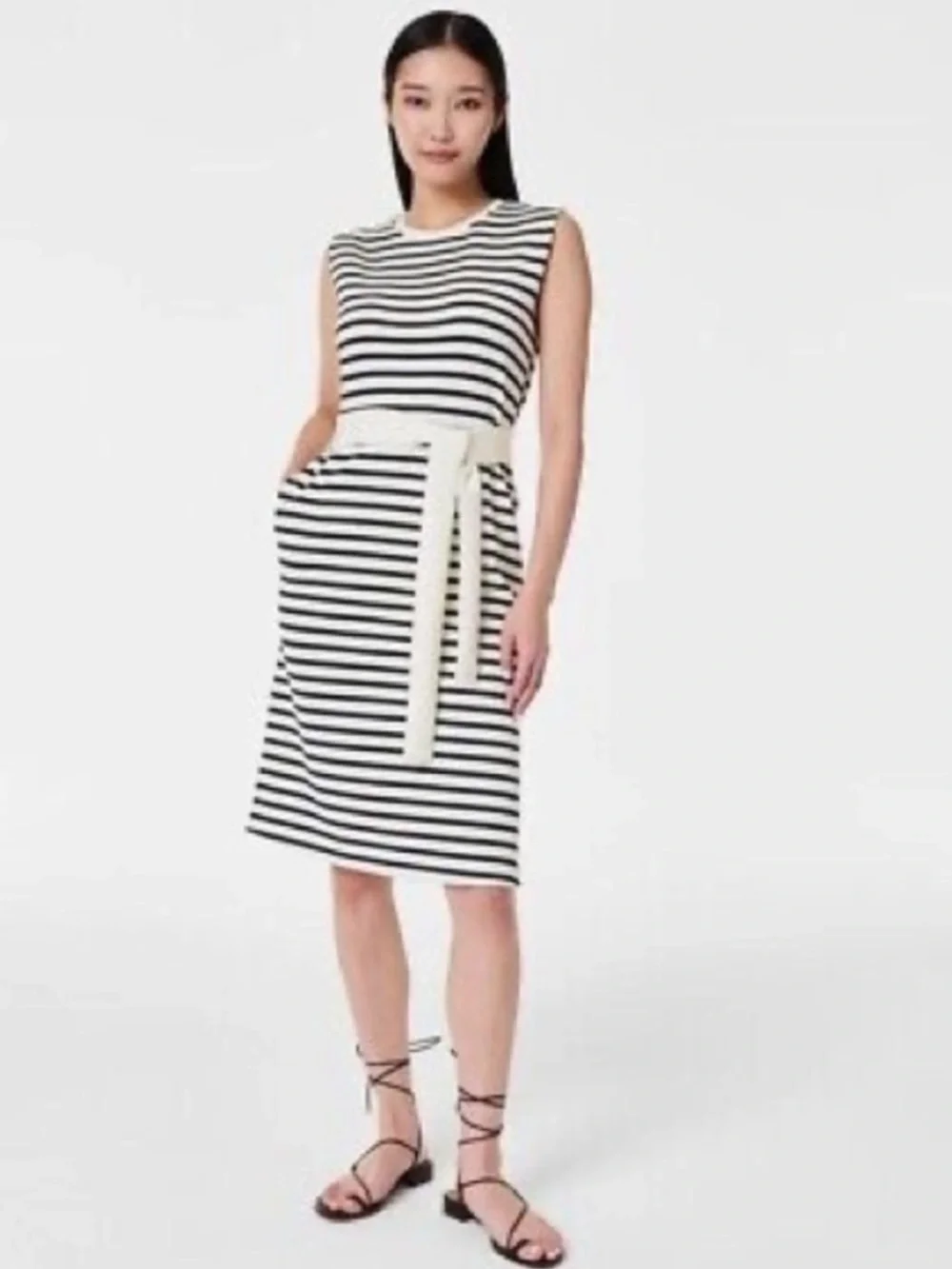 SPANX Airessentials Sleeveless Striped Tank Dress Cream Black Stripes Large